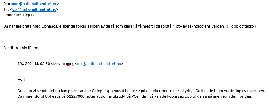 E-post fra Nasjonalteateret til Servicedesk. Skjermbilde.
