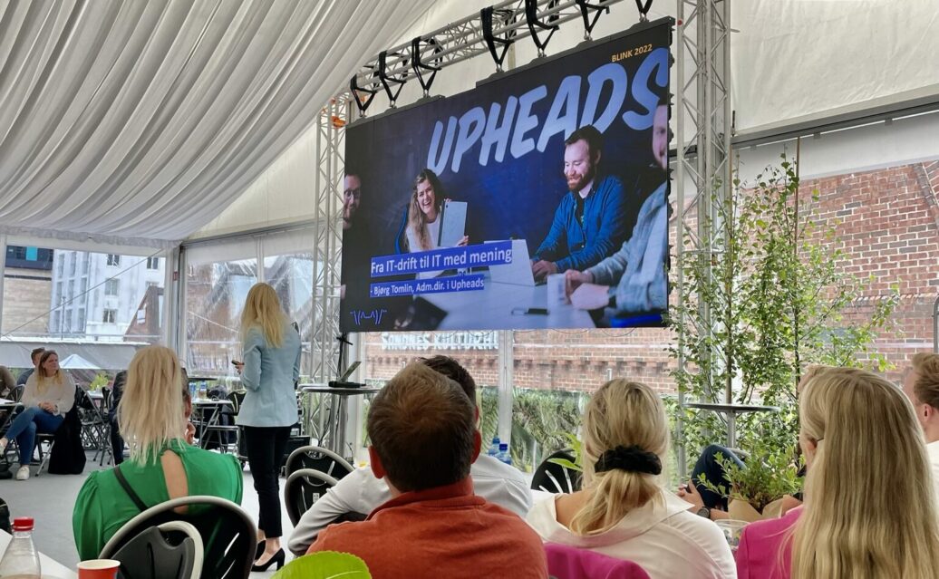 Bilde av Bjørg Tomlin som presenterer Upheads AS på storskjerm